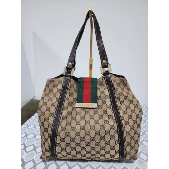 Gucci Handbags - GUCCI Monogram New Ladies Web Tote Dark Brown/Beige